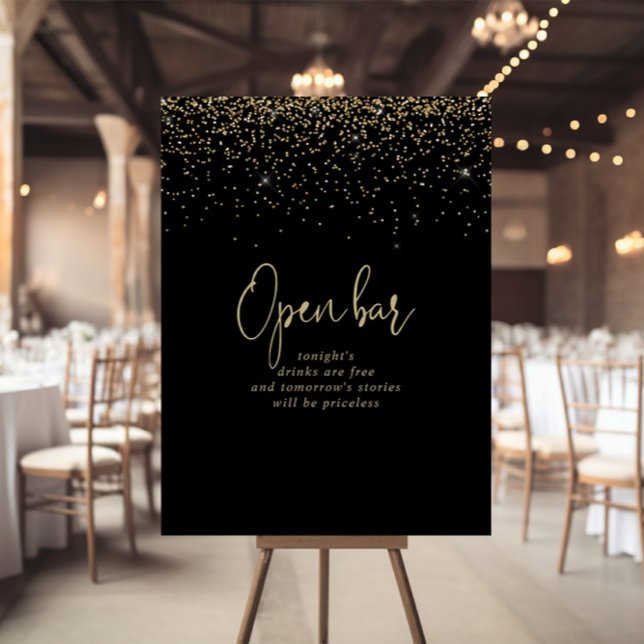 Affiche Gold Confetti Fancy Script Wedding Open Bar Sign (Créateur téléchargé)
