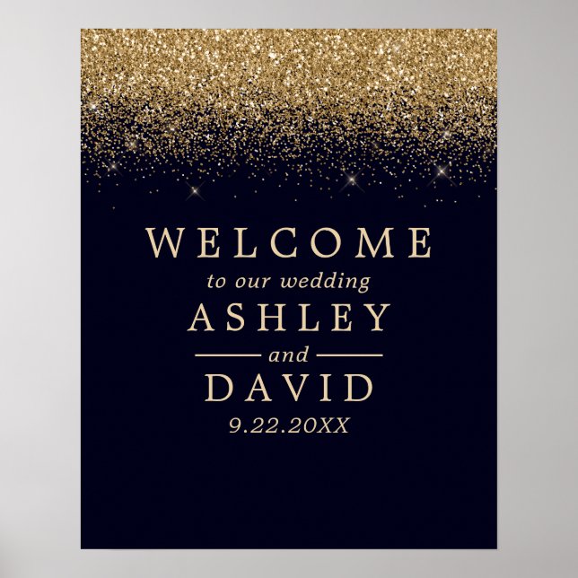 Affiche Gold Confetti Navy Blue Chic Wedding Welcome (Devant)