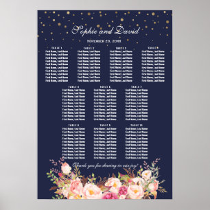 Affiche Gold Confetti Pink Flowers Mariage Seating Chart