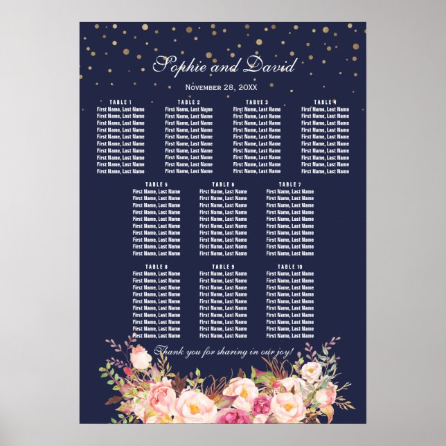 Affiche Gold Confetti Pink Flowers Mariage Seating Chart (Devant)