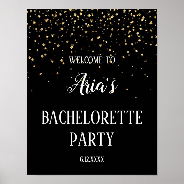 Affiche Gold Confetti sur Black Bachelorette Party Bienven (Devant)