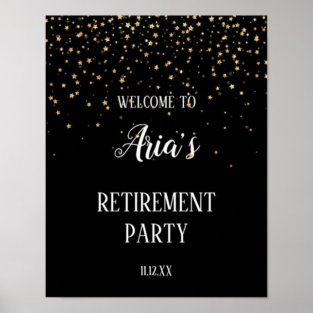 Affiche Gold Confetti sur Black Retirement Party Bienvenue (Devant)
