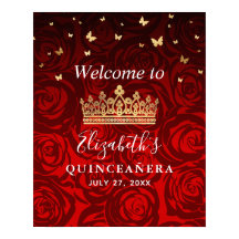 Gold Crown Red Roses Quinceanera Welcome Party