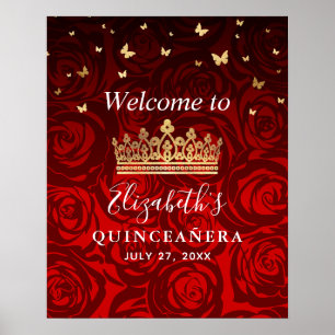Affiche Gold Crown Red Roses Quinceanera Welcome Party