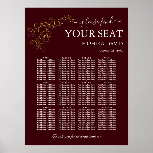 Affiche Gold Deep Burgundy 12 Table Seating Chart Wedding (Devant)
