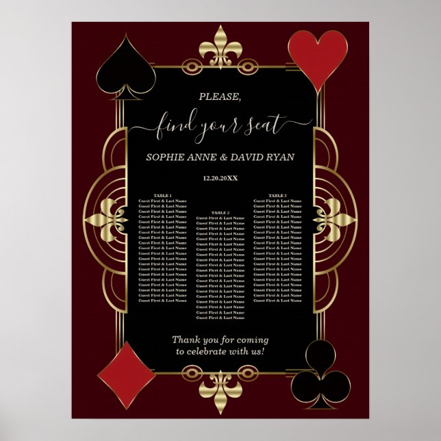 Affiche Gold Deep Burgundy Casino Wedding Seating Chart  (Devant)