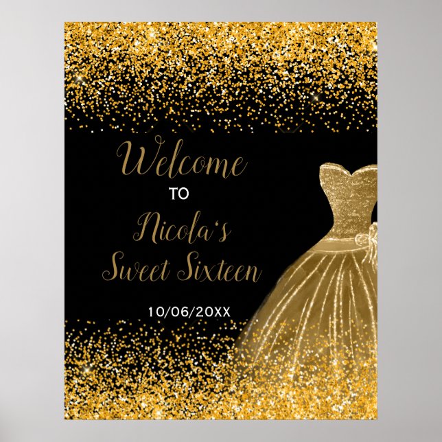 Affiche Gold Dress Faux Glitter Sweet 16 Welcome (Devant)
