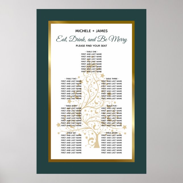 Affiche Gold Emerald Winter Wedding Seating Chart (Devant)