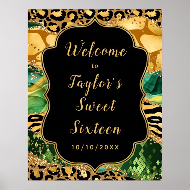 Affiche Gold et Green Safari Agate Sweet sixteen Bienvenue (Devant)