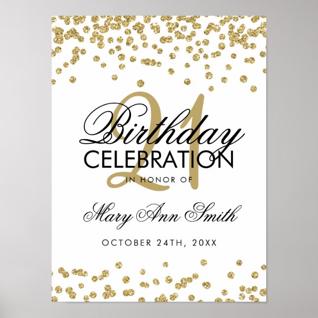 Affiche Gold Faux Glitter Confetti White 21st Birthday (Devant)