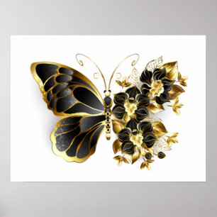Affiche Gold flower Butterfly with Black Orchid