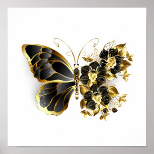Affiche Gold Flower Butterfly with Black Orchid