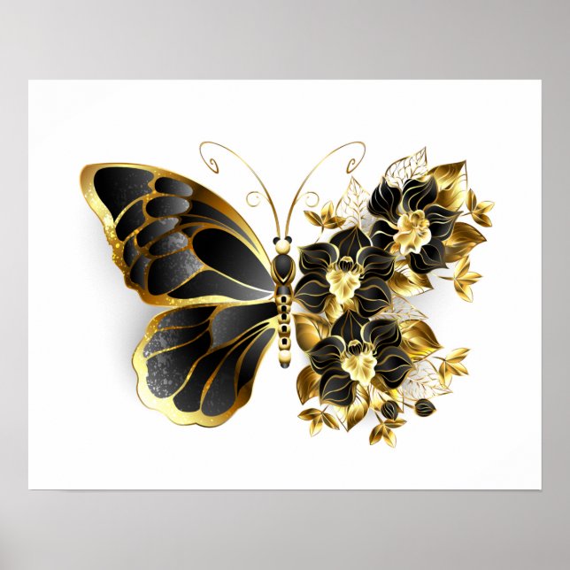 Affiche Gold Flower Butterfly with Black Orchid (Devant)