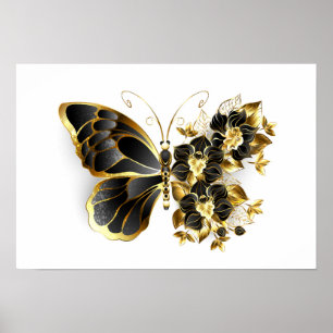 Affiche Gold flower Butterfly with Black Orchid