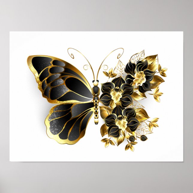 Affiche Gold Flower Butterfly with Black Orchid (Devant)