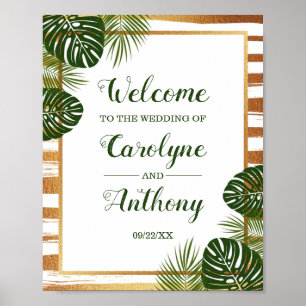 Affiche Gold Foil & Green Palm Leaf Beach Mariage Bienvenu