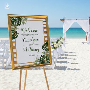 Affiche Gold Foil & Green Palm Leaf Beach Mariage Bienvenu