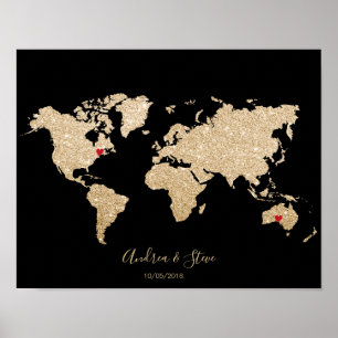 Affiche Gold Foil World Map avec des coeurs amovibles coup