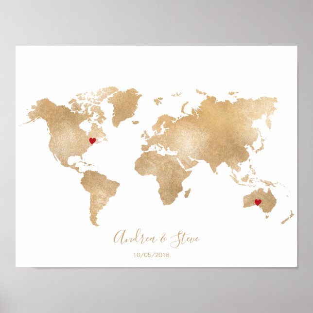 Affiche Gold Foil World Map avec des coeurs mobiles couple (Devant)