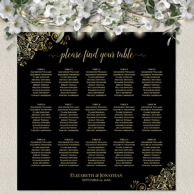 Affiche Gold Frills 15 Table Wedding Seating Chart Black (In Situ on Wall with Decorations)