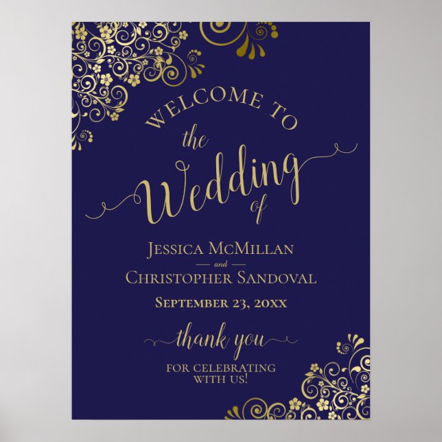 Affiche Gold Frills on Navy Blue Elegant Wedding Welcome (Devant)