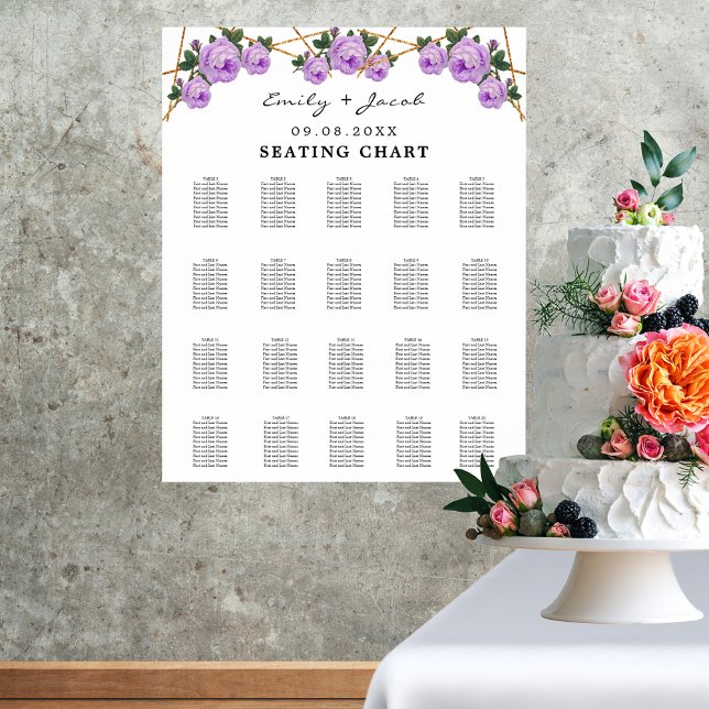 Affiche Gold Geometric Purple Floral Wed 200 (Gold Geometric Purple Floral Wedding 200 Guest List Seating Chart on Poster)