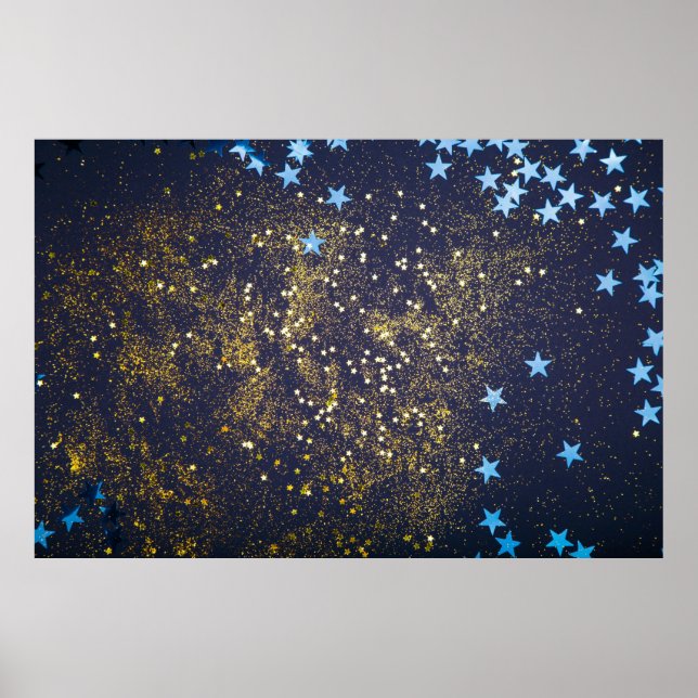 Affiche Gold glitter and glittering blue stars on black ba (Devant)