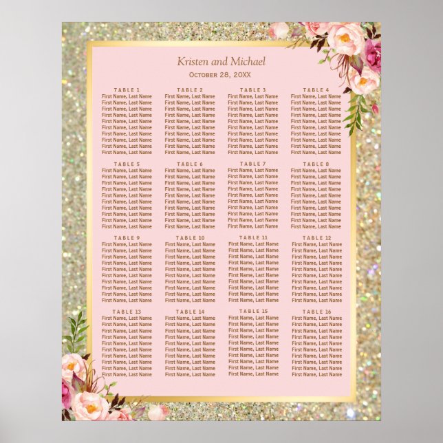 Affiche Gold Glitter Pink Floral 16 Tables Seating Chart (Devant)