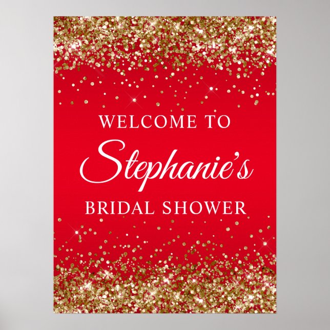 Affiche Gold Glitter Red Bridal Shower Welcome (Devant)