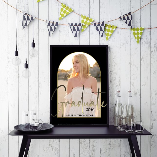 Affiche Gold Graduate Script Black Arch Photo Party (Gold script photo graduate poster template.)