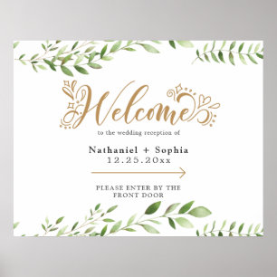 Affiche Gold Greenery Gauche Mariage directionnel Bienvenu