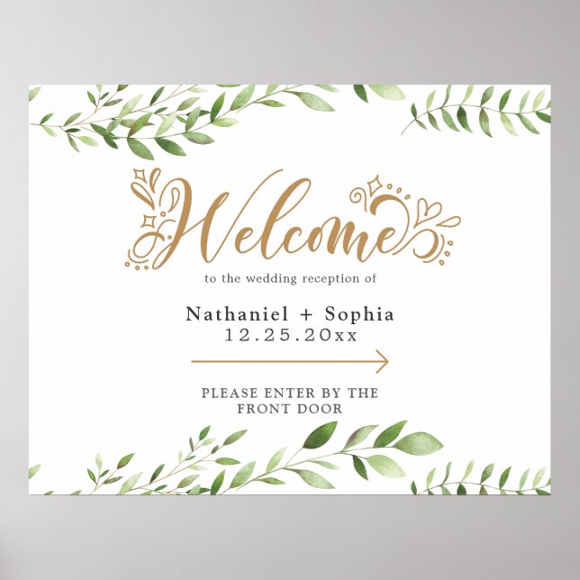 Affiche Gold Greenery Gauche Mariage directionnel Bienvenu (Devant)