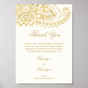 Affiche Gold Indian Paisley Wedding In Lieu of Favors Sign