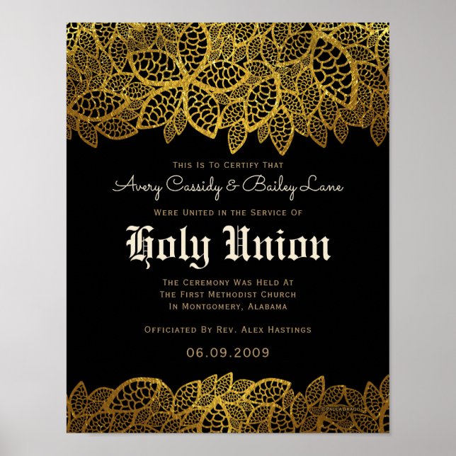 Affiche Gold Lace Black Alternative Mariage Certificat (Devant)