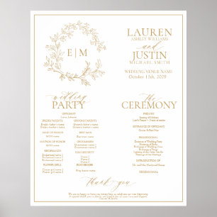 Affiche Gold Leafy Crest Monogram Wedding Program