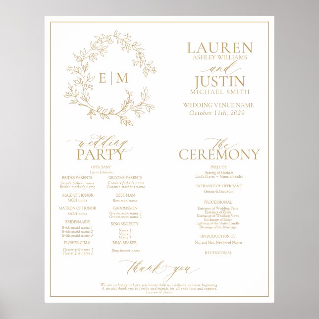 Affiche Gold Leafy Crest Monogram Wedding Program (Devant)