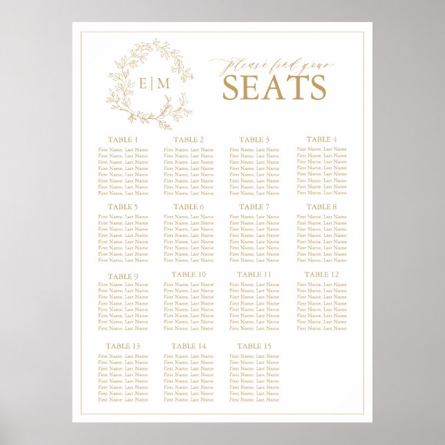 Affiche Gold Leafy Crest Monogram Wedding Seating (Devant)