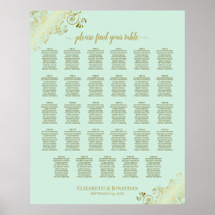 Affiche Gold & Mint Green 29 Table Wedding Seating Chart