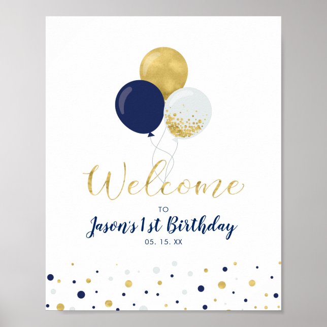 Affiche Gold & Navy Balloons | Boy 1st Birthday Welcome (Devant)