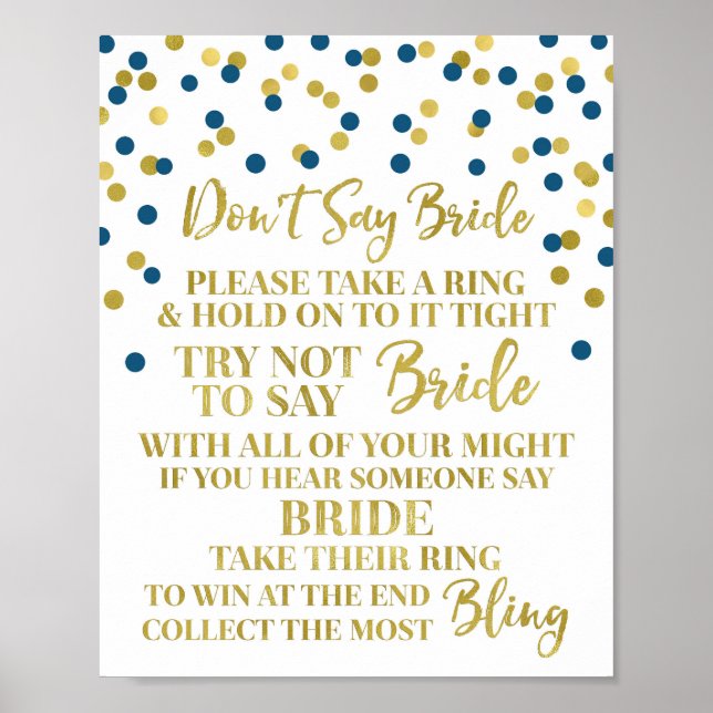 Affiche Gold Navy Blue Confetti Ne pas dire Bride Game Sig (Devant)