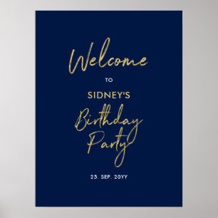 Affiche Gold & Navy Blue Moderne fête d'anniversaire Bienv
