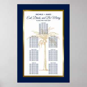 Affiche Gold Navy Blue Palm Tropical Mariage Seating Chart