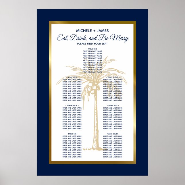 Affiche Gold Navy Blue Palm Tropical Mariage Seating Chart (Devant)