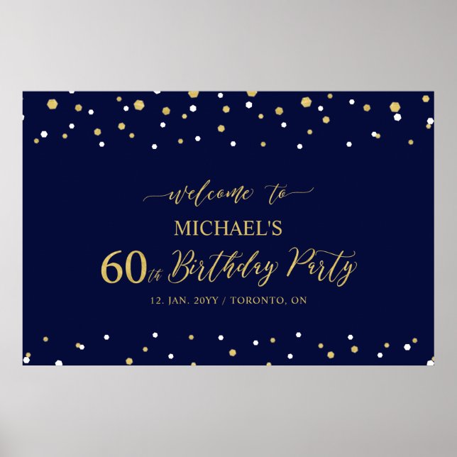 Affiche Gold & Navy Confetti 60e anniversaire fête Bienven (Devant)