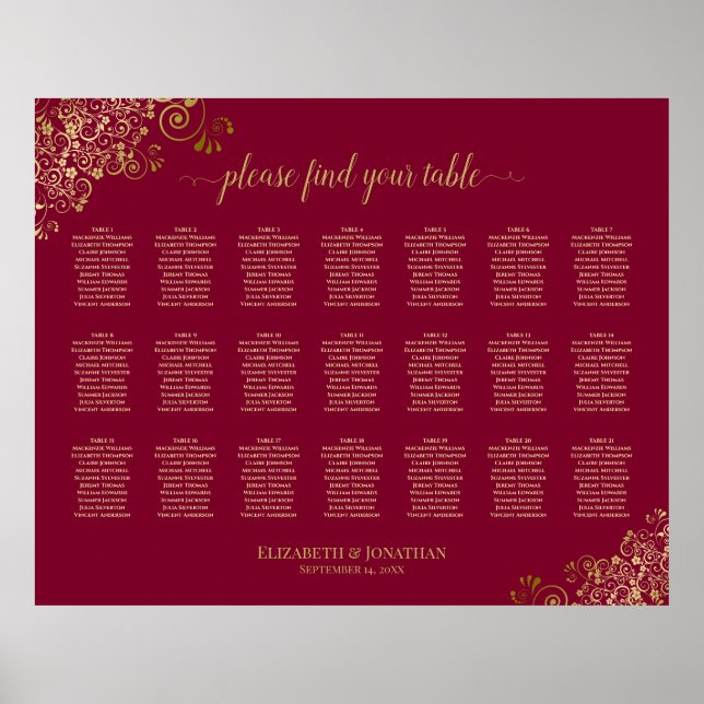 Affiche Gold on Burgundy 21 Table Wedding Seating Chart (Devant)