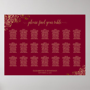 Affiche Gold on Burgundy 21 Table Wedding Seating Chart