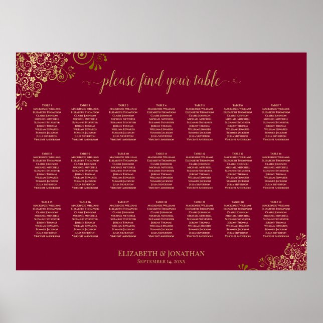 Affiche Gold on Burgundy 21 Table Wedding Seating Chart (Devant)