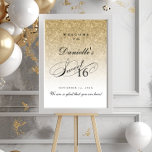 Affiche Gold Parties scintillant Sweet 16 Accueil personna<br><div class="desc">Cette belle parties scintillant ombragée signe personnalisé peut être customisée à l'aide de la forme modèle. Vous pouvez accéder aux menus d'édition avancés,  qui vous permettent de modifier les polices et la disposition,  à l'aide de l'outil de conception.</div>