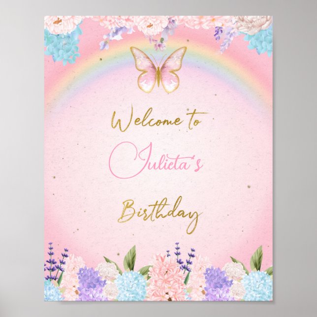 Affiche Gold Pink Butterfly Birthday Welcome Sign (Devant)
