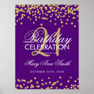 Affiche Gold Purple Faux Glitter Confetti 21st Birthday
